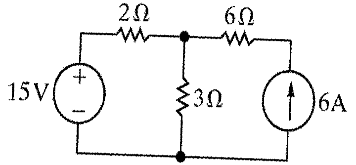 Circuito com fonte de tensão de 15 V em série com resistor de 2 Ω, resistor de 3 Ω no ramo central e fonte de corrente de 6 A em série com resistor de 6 Ω no ramo direito.