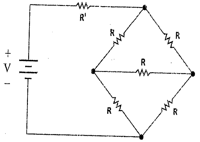 Circuito com fonte V em série com resistor R' alimentando uma ponte de cinco resistores R, um deles ligado entre os nós centrais.