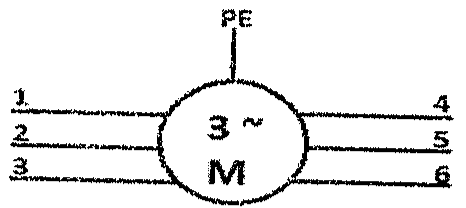 Motor trifásico M 3~ com terminais 1, 2 e 3 de um lado, 4, 5 e 6 do outro e condutor PE.