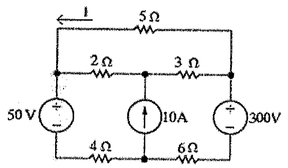 Circuito com fonte de 50 V, fonte de corrente de 10 A e fonte de 300 V; resistores de 5 Ω (ramo superior, corrente I indicada), 2 Ω e 3 Ω (ramo intermediário) e 4 Ω e 6 Ω (ramo inferior).