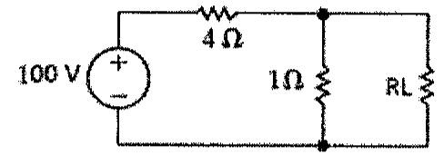 Circuito com fonte de 100 V, resistor série de 4 Ω, resistor de 1 Ω em paralelo com a carga RL.