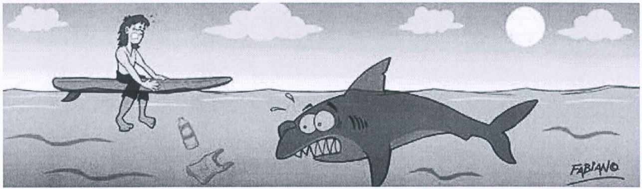 Charge assinada por Fabiano: um surfista sentado na prancha no mar olha assustado para um tubarão; na água flutuam uma garrafa e uma sacola plástica.