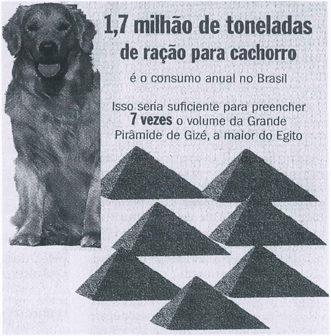 Infográfico com a foto de um cachorro e sete pirâmides de ração, com o texto: "1,7 milhão de toneladas de ração para cachorro é o consumo anual no Brasil. Isso seria suficiente para preencher 7 vezes o volume da Grande Pirâmide de Gizé, a maior do Egito".