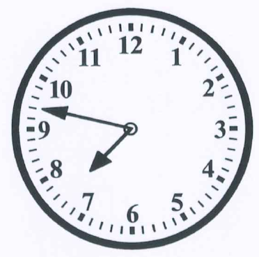 Relógio analógico de ponteiros: o ponteiro das horas está entre o 7 e o 8 e o ponteiro dos minutos está entre o 9 e o 10.