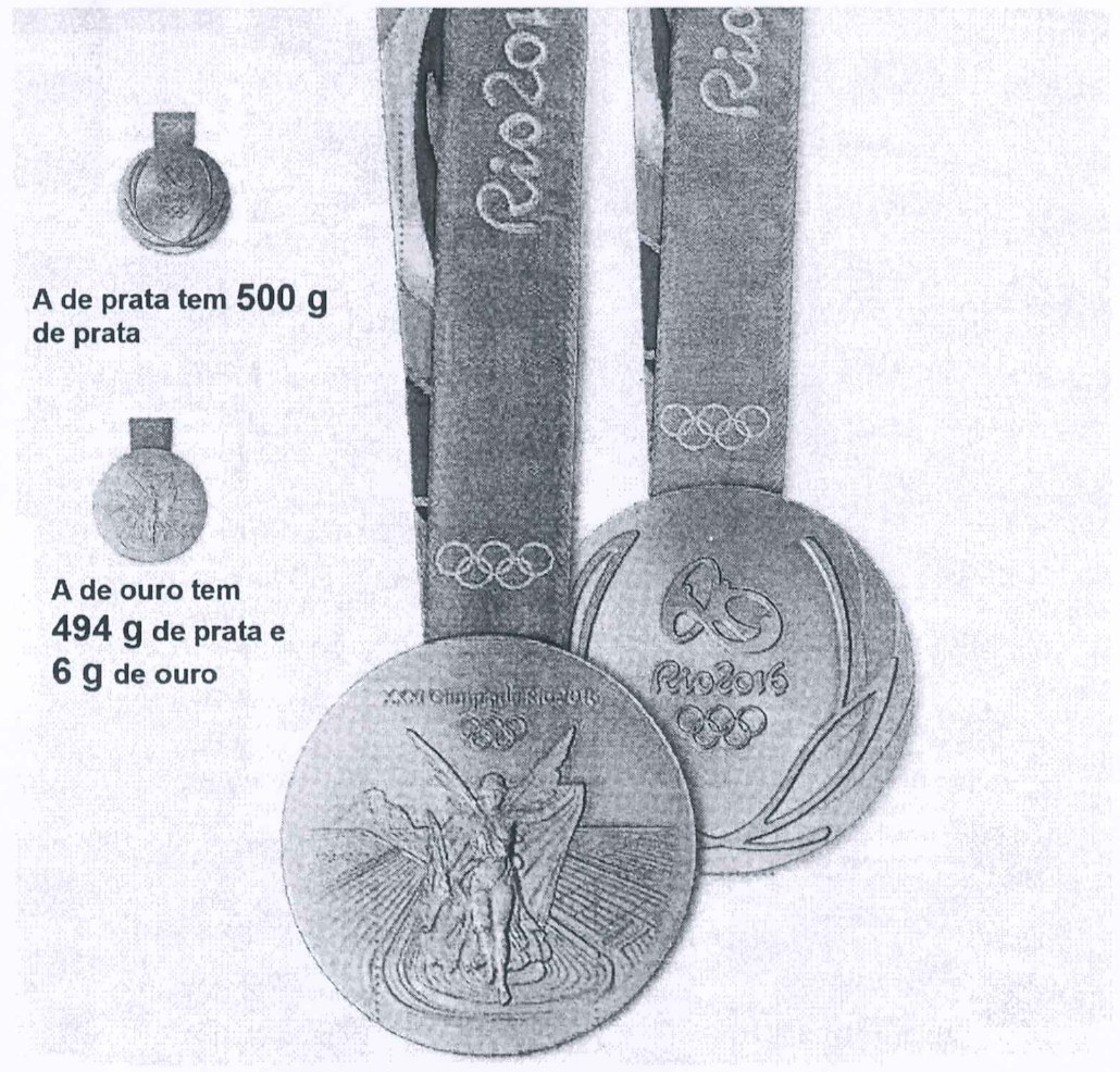 Foto das medalhas olímpicas Rio 2016 com as legendas: "A de prata tem 500 g de prata" e "A de ouro tem 494 g de prata e 6 g de ouro".
