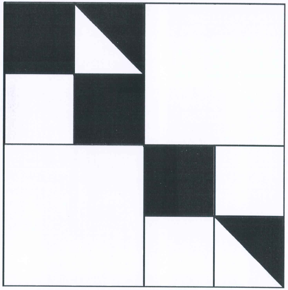 Quadrado dividido em quatro quadrados iguais; o superior esquerdo e o inferior direito estão subdivididos em quatro quadradinhos cada. Partes pintadas de preto: no quadrado superior esquerdo, o quadradinho superior esquerdo, metade (triângulo) do quadradinho superior direito e o quadradinho inferior direito; no quadrado inferior direito, o quadradinho superior esquerdo e metade (triângulo) do quadradinho inferior direito.