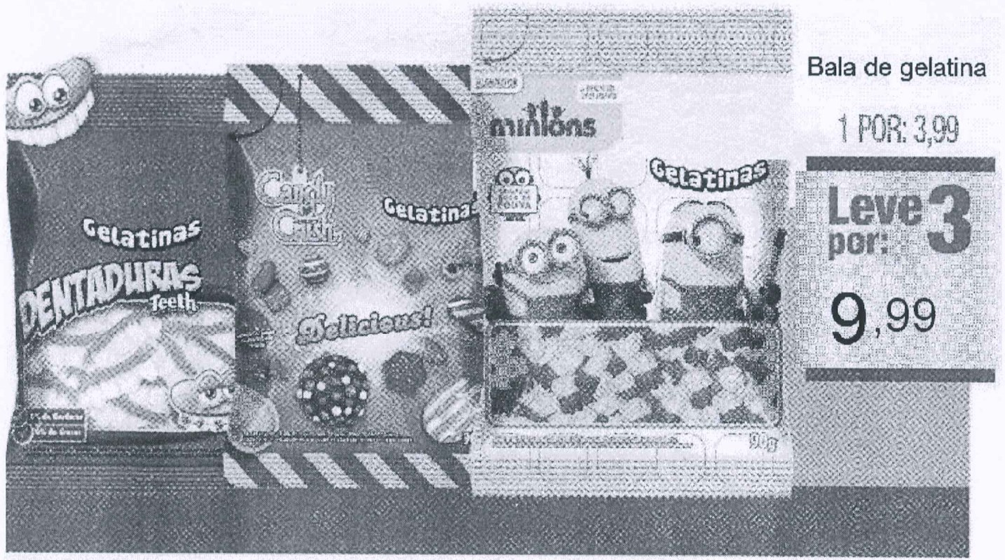 Encarte com três pacotes de balas de gelatina e o anúncio: "Bala de gelatina — 1 por: 3,99 — Leve 3 por: 9,99".
