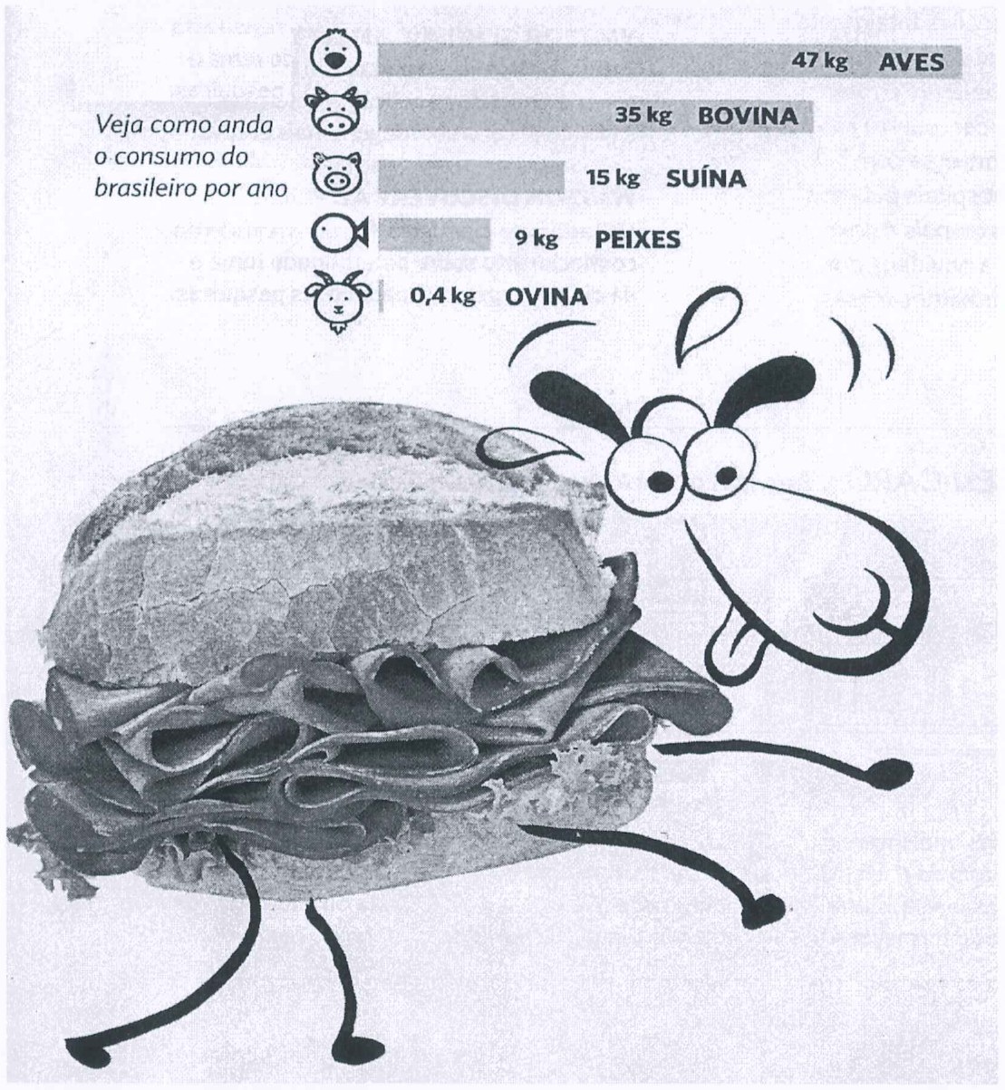 Infográfico "Veja como anda o consumo do brasileiro por ano", em barras: aves 47 kg; bovina 35 kg; suína 15 kg; peixes 9 kg; ovina 0,4 kg. Abaixo, ilustração de um sanduíche de frios.