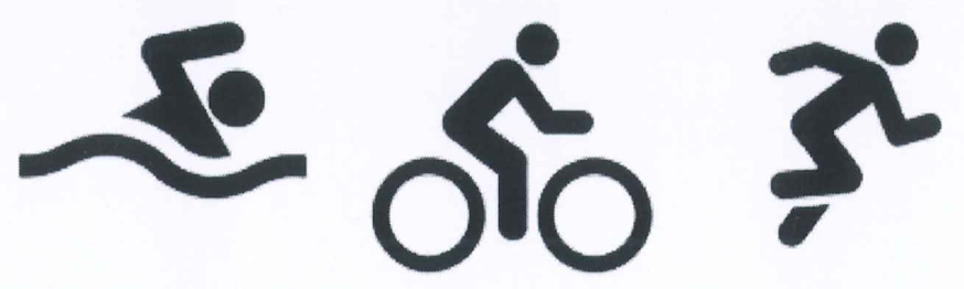 Três pictogramas: um nadador, um ciclista e um corredor.