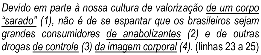 Trecho em itálico: “Devido em parte à nossa cultura de valorização de um corpo “sarado” (1), não é de se espantar que os brasileiros sejam grandes consumidores de anabolizantes (2) e de outras drogas de controle (3) da imagem corporal (4). (linhas 23 a 25)”. Termos sublinhados: “de um corpo “sarado””, “de anabolizantes”, “de controle” e “da imagem corporal”.