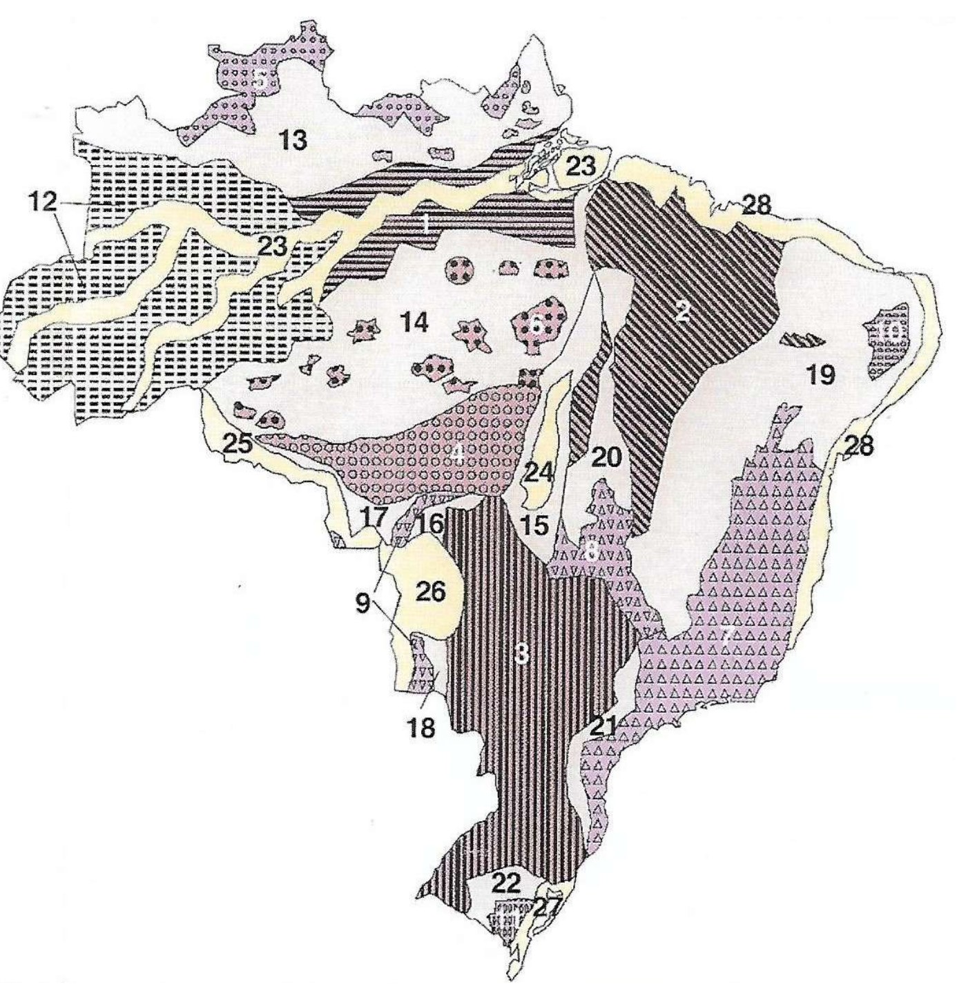 Mapa do Brasil com as unidades de relevo numeradas de 1 a 28, diferenciadas por texturas e tons (hachuras, pontilhados, triângulos e círculos), segundo a classificação de Ross.