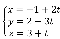 Sistema: x = −1 + 2t; y = 2 − 3t; z = 3 + t