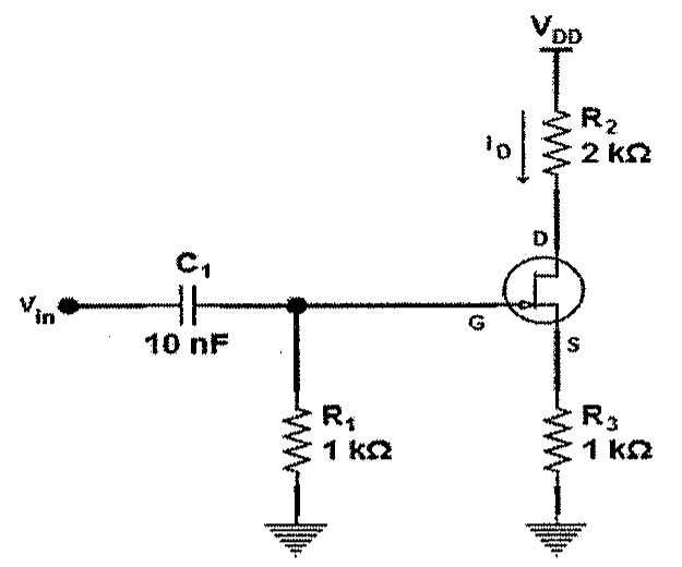 Circuito amplificador com FET: entrada Vin acoplada pelo capacitor C1 de 10 nF à porta G; resistor R1 de 1 kΩ da porta ao terra; dreno D ligado a VDD pelo resistor R2 de 2 kΩ, com corrente iD indicada; fonte S ligada ao terra pelo resistor R3 de 1 kΩ.