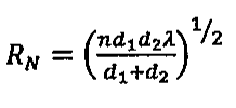 Fórmula: R índice N igual à raiz quadrada de n vezes d1 vezes d2 vezes lambda, dividido por d1 mais d2 (expressão elevada a 1/2).