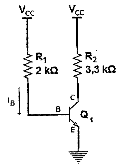 Circuito com transistor bipolar Q1 em emissor comum: base B ligada a VCC pelo resistor R1 de 2 kΩ, com corrente iB indicada; coletor C ligado a VCC pelo resistor R2 de 3,3 kΩ; emissor E ligado ao terra.