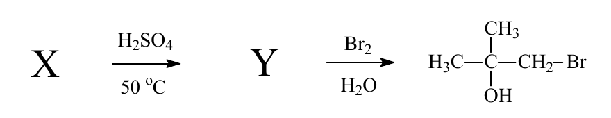 Rota de síntese: X reage com H2SO4 a 50 °C formando Y; Y reage com Br2 em H2O formando H3C–C(CH3)(OH)–CH2–Br (1-bromo-2-metil-2-propanol).