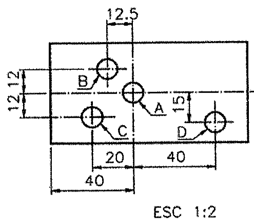 Desenho técnico de placa retangular com quatro furos A, B, C e D cotados: 12.5, 12, 12, 15, 20, 40 e 40; escala ESC 1:2.