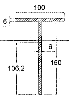 Seção transversal em T: mesa de 100 de largura e 6 de espessura, alma de 6 de espessura, altura total 150 e distância de 106,2 da base até o eixo do centroide.