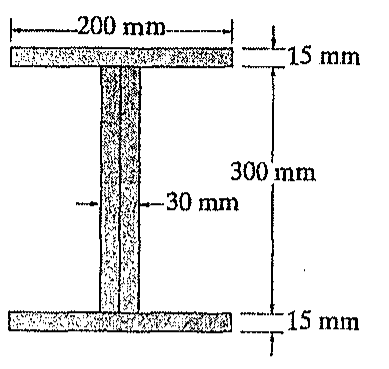 Seção transversal em I: mesas de 200 mm de largura e 15 mm de espessura, alma de 30 mm de espessura e altura de 300 mm entre as mesas.