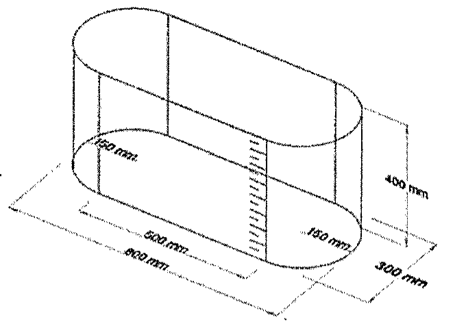 Tanque em perspectiva com base em formato de retângulo com extremidades semicirculares: cotas 150 mm, 500 mm, 800 mm, 300 mm e altura de 400 mm, com régua de nível no interior.
