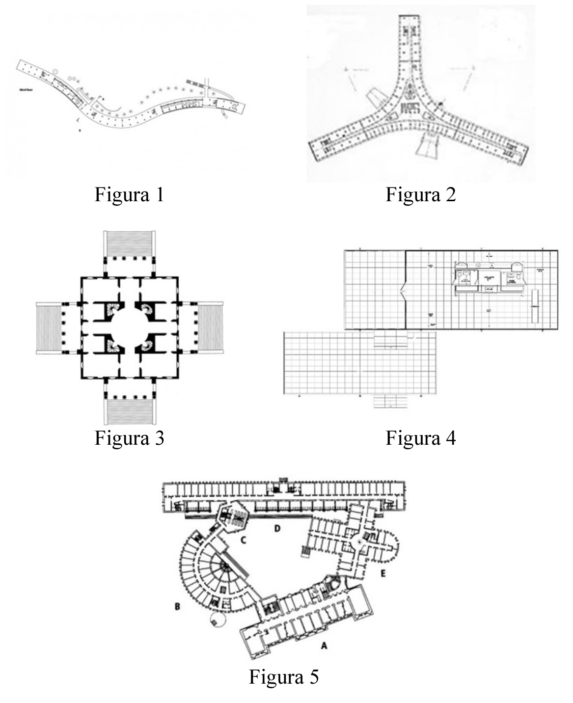 Cinco plantas arquitetônicas rotuladas Figura 1 a Figura 5: Figura 1, edifício alongado em curva sinuosa; Figura 2, edifício em três braços alongados partindo de um núcleo central; Figura 3, planta simétrica quadrada com salão circular central e pórticos com escadarias nos quatro lados; Figura 4, planta retangular sobre retícula ortogonal de linhas, com plataforma deslocada; Figura 5, conjunto de blocos e alas curvas e retas articulados em torno de um pátio, com setores indicados pelas letras A a E.
