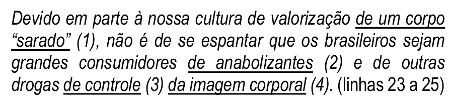 Trecho das linhas 23 a 25, em itálico: “Devido em parte à nossa cultura de valorização de um corpo “sarado” (1), não é de se espantar que os brasileiros sejam grandes consumidores de anabolizantes (2) e de outras drogas de controle (3) da imagem corporal (4).” Termos sublinhados: (1) “de um corpo “sarado””; (2) “de anabolizantes”; (3) “de controle”; (4) “da imagem corporal”.