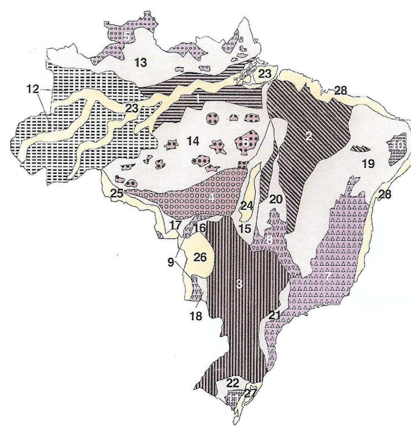 Mapa do Brasil com as unidades de relevo numeradas de 1 a 28, diferenciadas por cores e hachuras (números legíveis: 1, 2, 3, 4, 5, 6, 7, 8, 9, 10, 12, 13, 14, 15, 16, 17, 18, 19, 20, 21, 22, 23, 24, 25, 26, 27, 28), sem legenda dos nomes.