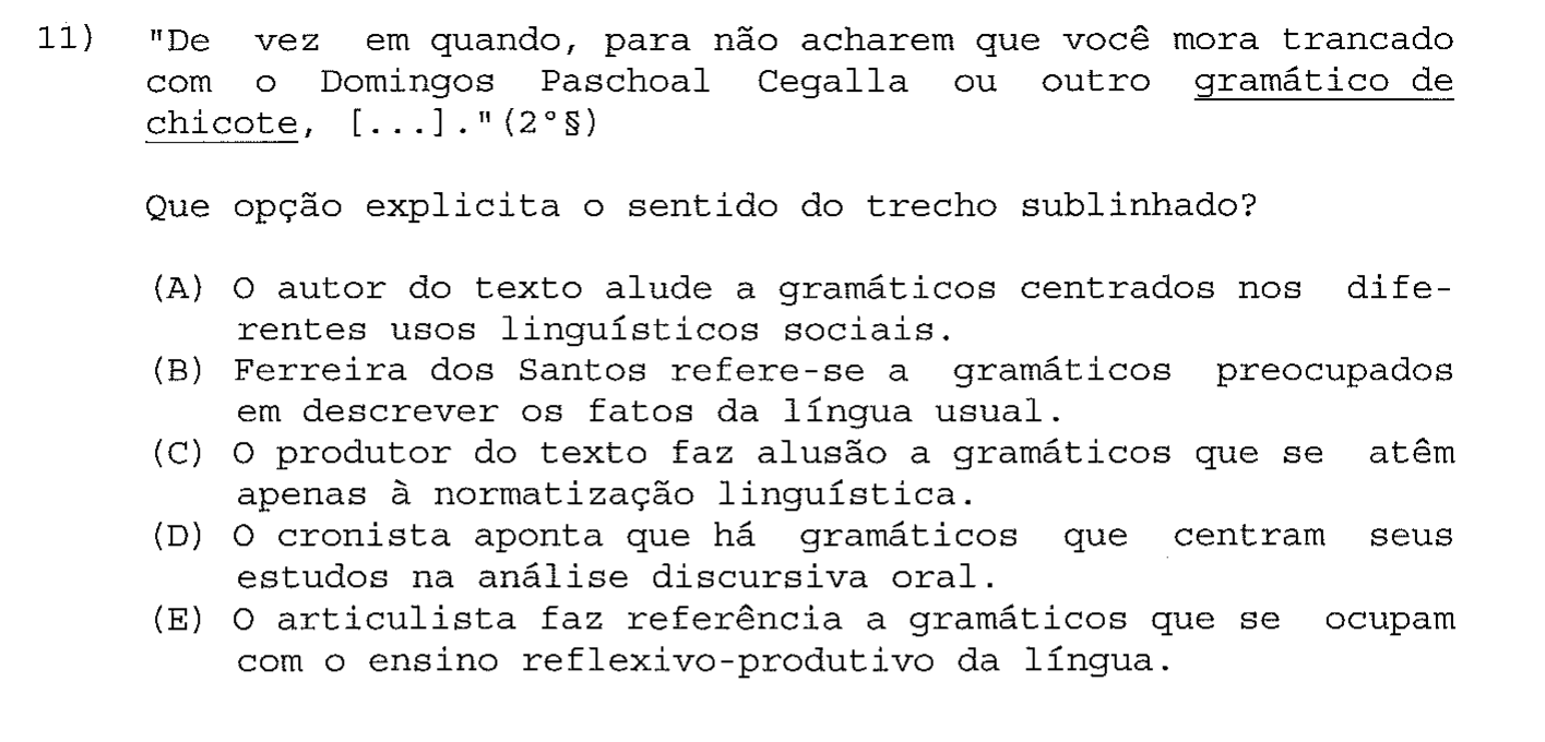 Reprodução da questão 11 como impressa na prova, com enunciado e alternativas, mostrando os termos sublinhados a que o comando se refere.