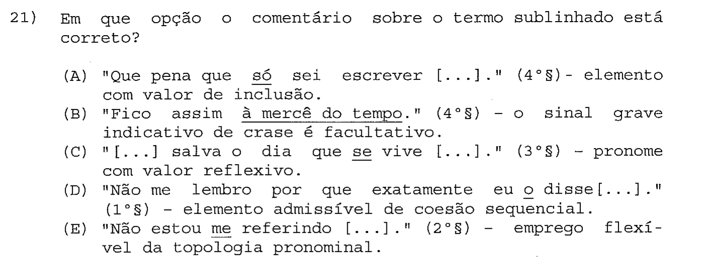 Reprodução da questão 21 como impressa na prova, com enunciado e alternativas, mostrando os termos sublinhados a que o comando se refere.