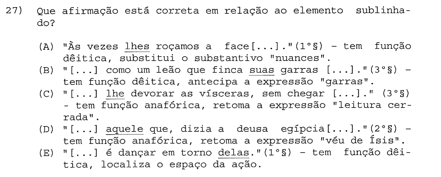 Reprodução da questão 27 como impressa na prova, com enunciado e alternativas, mostrando os termos sublinhados a que o comando se refere.