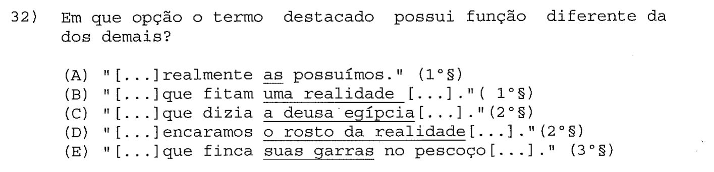 Reprodução da questão 32 como impressa na prova, com enunciado e alternativas, mostrando os termos sublinhados a que o comando se refere.