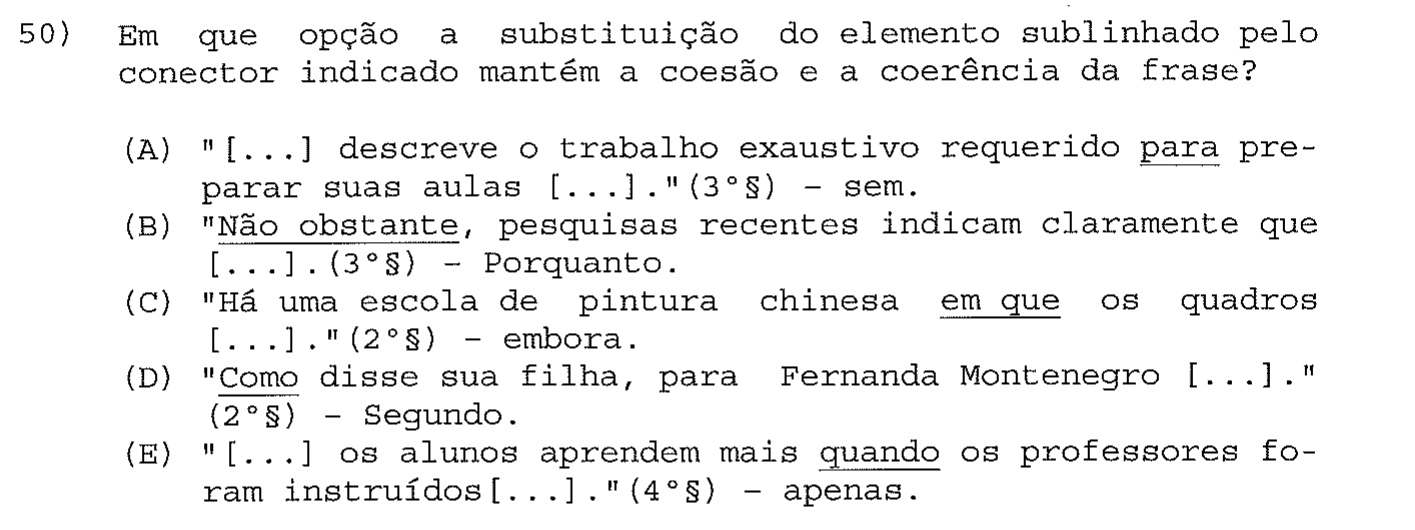 Reprodução da questão 50 como impressa na prova, com enunciado e alternativas, mostrando os termos sublinhados a que o comando se refere.