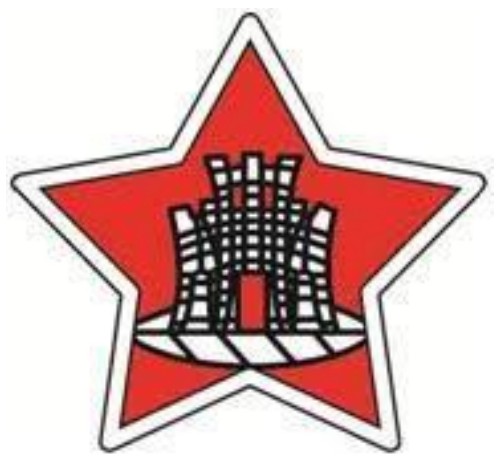 Símbolo dos Colégios Militares: estrela vermelha de cinco pontas com contorno branco e, ao centro, um castelo em preto e branco.