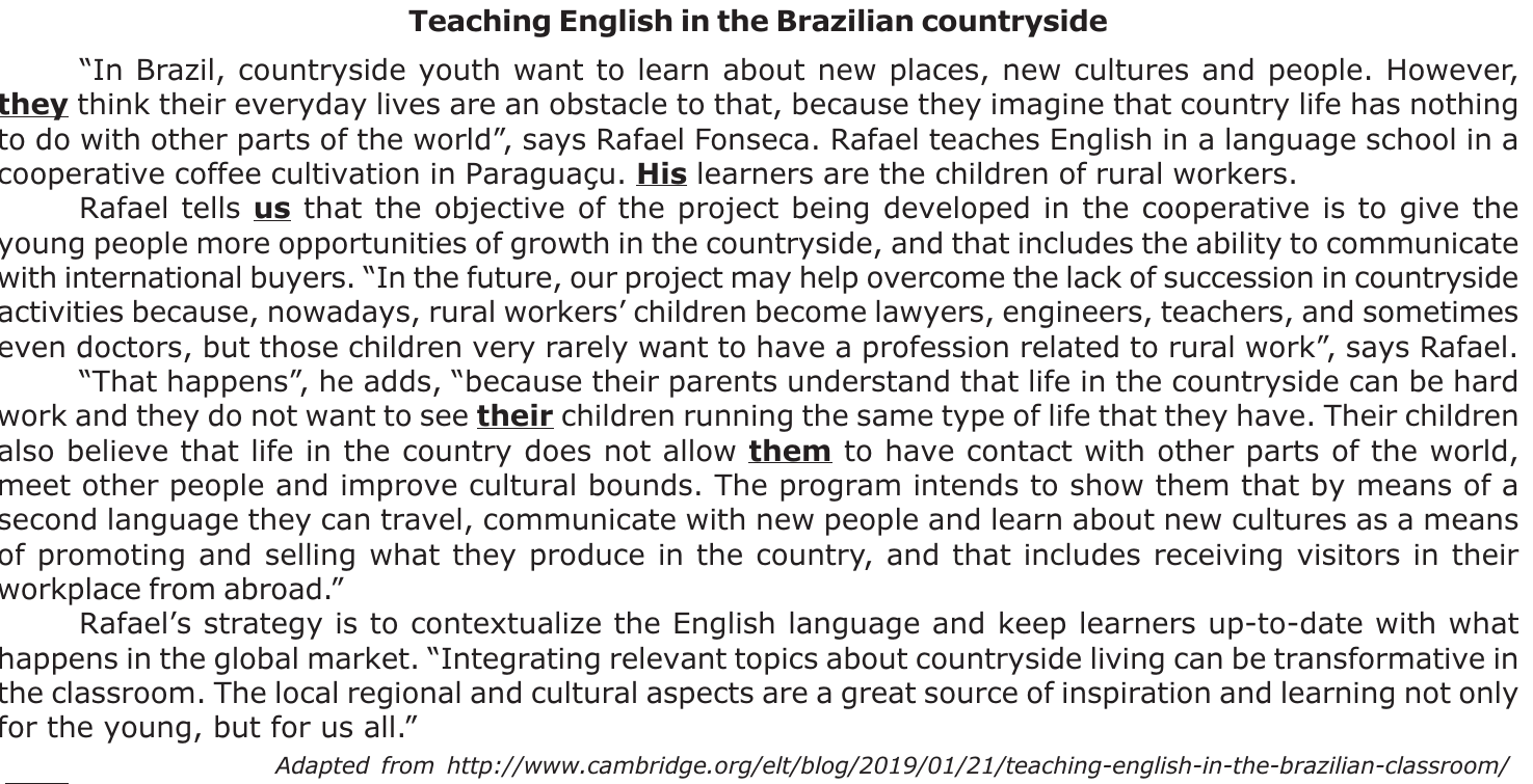 Texto “Teaching English in the Brazilian countryside” com as palavras they, His, us, their e them sublinhadas e em negrito, conforme o original.