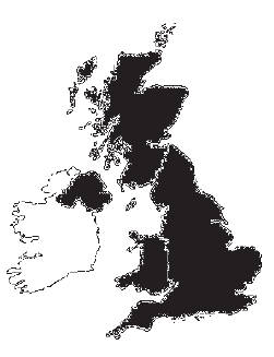 Mapa das ilhas Britânicas, alternativa A, com áreas destacadas em preto.