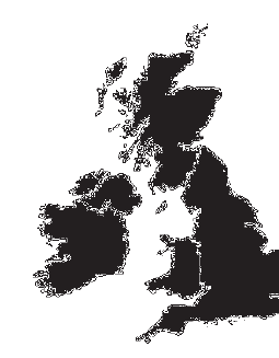 Mapa das ilhas Britânicas, alternativa B, com áreas destacadas em preto.