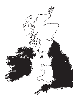 Mapa das ilhas Britânicas, alternativa D, com áreas destacadas em preto.