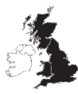 Mapa das ilhas Britânicas, alternativa E, com áreas destacadas em preto.