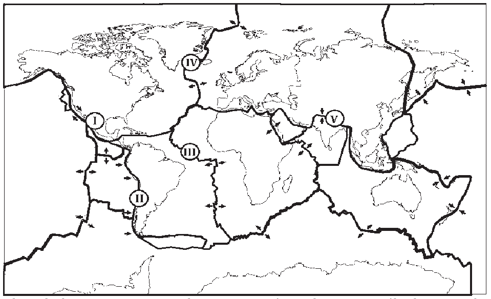 Mapa-múndi das placas tectônicas, com setas indicando o sentido do movimento das placas e os pontos I a V assinalados em diferentes limites de placas.