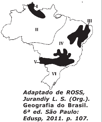 Mapa do Brasil com a representação dos principais climas, numerados de I a VI. Fonte na figura: Adaptado de ROSS, Jurandiy L. S. (Org.). Geografia do Brasil. 6ª ed. São Paulo: Edusp, 2011. p. 107.