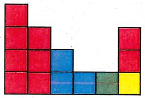 Alternativa B: vista plana formada por quadrados coloridos (vermelhos, azuis, verde e amarelo) em colunas de alturas diferentes.