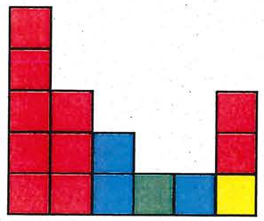 Alternativa C: vista plana formada por quadrados coloridos (vermelhos, azuis, verde e amarelo) em colunas de alturas diferentes.