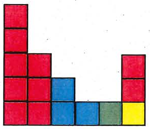 Alternativa D: vista plana formada por quadrados coloridos (vermelhos, azuis, verde e amarelo) em colunas de alturas diferentes.
