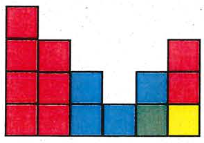 Alternativa E: vista plana formada por quadrados coloridos (vermelhos, azuis, verde e amarelo) em colunas de alturas diferentes.