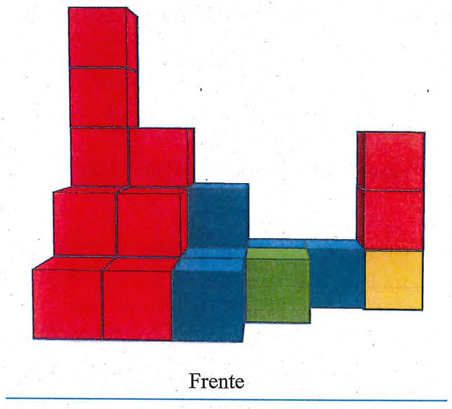 Pilha de blocos cúbicos coloridos em perspectiva (vermelhos, azuis, verde e amarelo), com a indicação “Frente” abaixo.