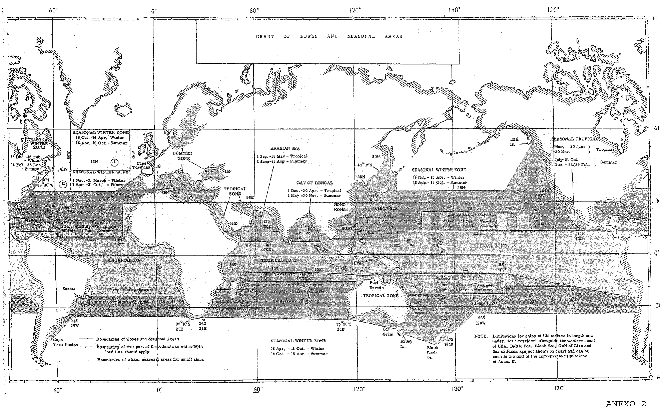 Anexo 2 — Carta de zonas e áreas sazonais (Chart of Zones and Seasonal Areas) da convenção de linhas de carga, mapa-múndi com zonas tropical, de verão e de inverno sazonal e seus limites e períodos; porto de Santos assinalado.