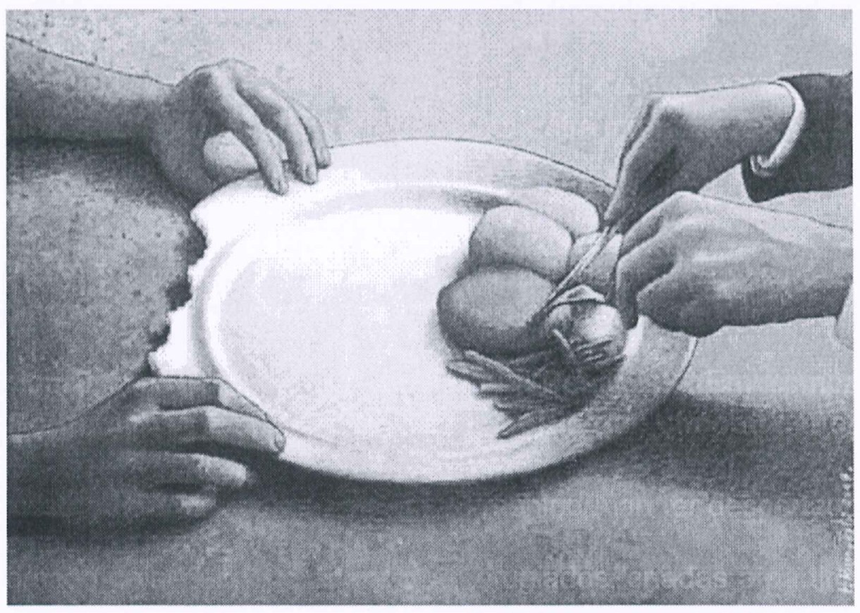 Pintura em tons de cinza: sobre uma mesa, um prato branco. À direita, mãos com punho de camisa e paletó usam garfo e faca para cortar alimentos no prato; à esquerda, mãos seguram e mordem a borda do próprio prato, que aparece com um pedaço arrancado.