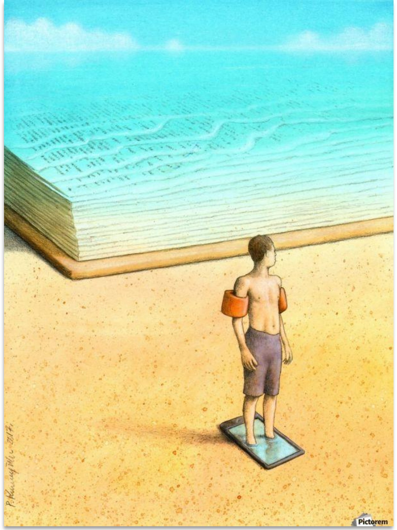 Ilustração “Oceano”: um menino de bermuda e boias nos braços, de costas, em pé sobre um celular na areia da praia, diante de um mar formado pelas páginas de um livro aberto gigante. Assinatura de P. Kuczynski e marca Pictorem.