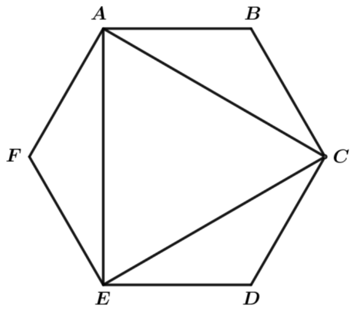 Hexágono regular com vértices A, B, C, D, E e F (A e B no alto, C à direita, D e E embaixo, F à esquerda) e o triângulo ACE traçado em seu interior.