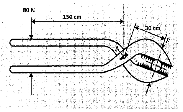 Chave de grifo: força de 80 N aplicada no cabo a 150 cm do pino A; a mandíbula, a 30 cm de A, prende o tubo e exerce a força F.